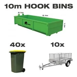 10m hook bin for hire in Brisbane next to trailer and wheelie bin to demonstrate greater carrying capacity and size