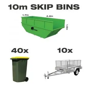 10m skip bin for hire in Brisbane next to trailer and wheelie bin to demonstrate greater carrying capacity and size