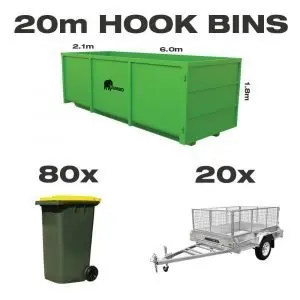 20m hook bin for hire in Brisbane next to trailer and wheelie bin to demonstrate greater carrying capacity and size