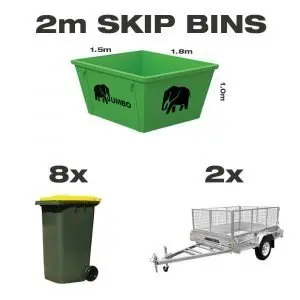 2m skip bin for hire in Brisbane next to trailer and wheelie bin to demonstrate greater carrying capacity and size