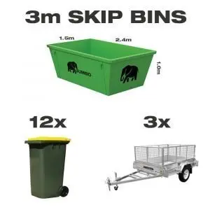 3m skip bin for hire in Brisbane next to trailer and wheelie bin to demonstrate greater carrying capacity and size