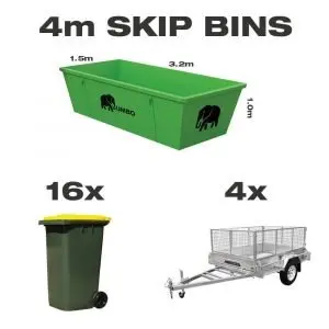 4m skip bin for hire in Brisbane next to trailer and wheelie bin to demonstrate greater carrying capacity and size