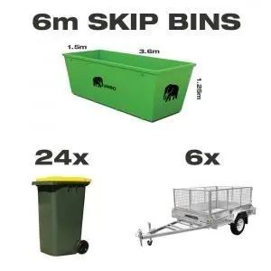 6m skip bin for hire in Brisbane next to trailer and wheelie bin to demonstrate greater carrying capacity and size