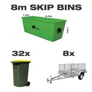 8m skip bin for hire in Brisbane next to trailer and wheelie bin to demonstrate greater carrying capacity and size