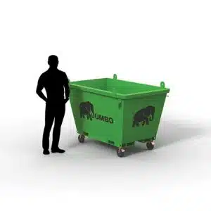 Man standing next to a 1.5m crane bin available for hire in Brisbane