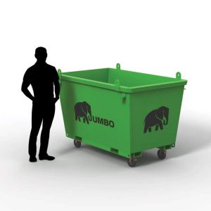 Man standing next to a 2m crane bin for hire in Brisbane